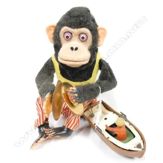 LGE TOY MONKEY WITH CYMBALS - BATTERY OPERATED (H.280MM) & OLD ROW BOAT POSSIBLY NZ MADE (L.190MM)